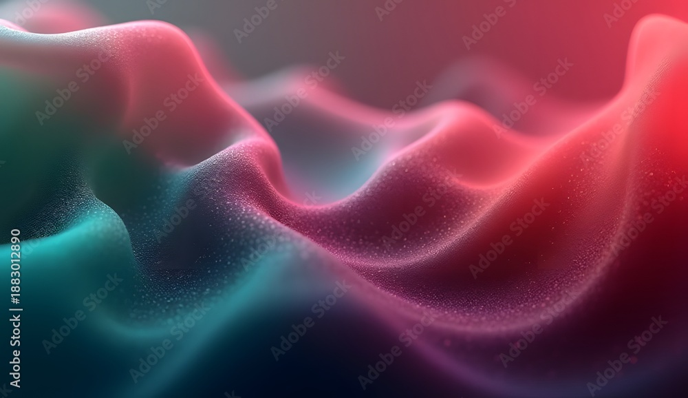 Obraz premium Abstract visualization of flowing fabric texture with shimmering particles illuminated by vibrant pink and teal gradients suggesting dynamic digital motion or sound waves