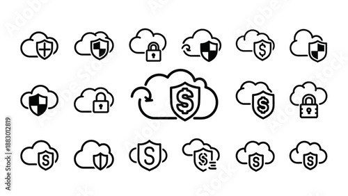 Collection of Cloud Security Icons with Dollar Sign.