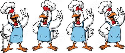 Cute Cartoon Chicken Chef Character Collection Wearing White Hat and Blue Apron Showing Peace Sign Hand Gesture Vector Illustrations Isolated on White Background