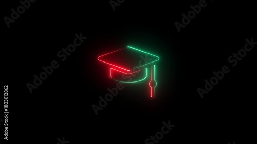 Graduation Success Concept in Neon Style,Neon Learning Icon for Education Projects,Graduation Cap Neon Line Animation.
