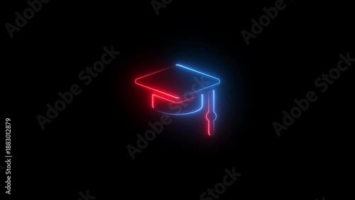 Graduation Success Concept in Neon Style,Neon Learning Icon for Education Projects,Graduation Cap Neon Line Animation.