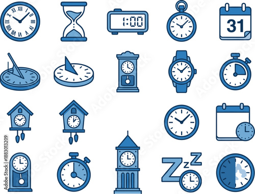 Timekeeping icon set with 20 blue symbols for clocks, calendars, and sleep-related design content.
