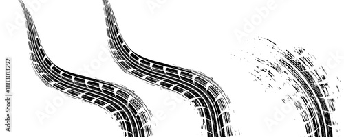 Vector illustration of winding car tire tread marks on a white background. Perfect for automotive design projects