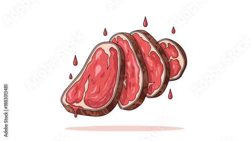 An eye-catching vibrant illustration of four freshly sliced raw red beef steaks dripping with rich natural juices presented on a pure white