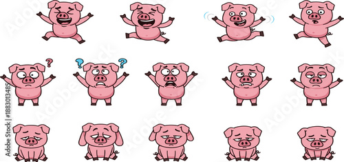 Cute Cartoon Pig Character Set with Various Emotions and Expressions Including Happy Jumping Confused Worried and Sad Vector Illustrations for Graphic Design Elements