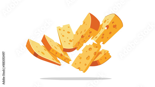 Dynamic Composition of Delicious Dairy Wedges, Featuring Textured Surfaces and Distinctive Perforations in a Playful Arrangement