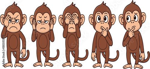 Funny brown cartoon monkey character set showing different emotions like thinking covering eyes and ears vector illustration isolated on white background for mascot design