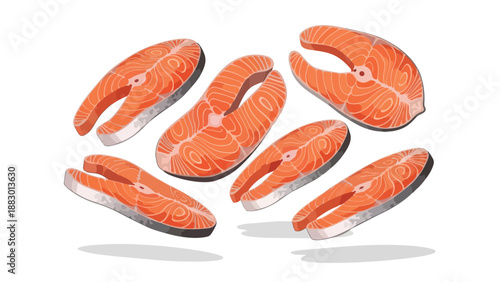 Vibrant succulent salmon steaks showcasing fresh Omega-3 rich seafood pieces arranged elegantly on a pristine white background perfect for healthy