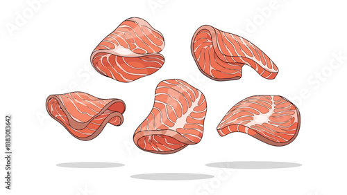 Vibrant illustration of five fresh raw salmon pieces, showcasing their natural colors, beautiful textures, and rich appealing appearance, perfect
