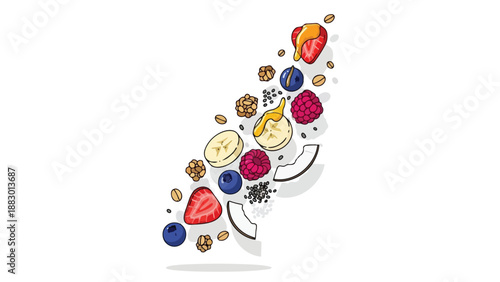 A vibrant assortment of wholesome breakfast ingredients artfully depicted in a cheerful falling composition