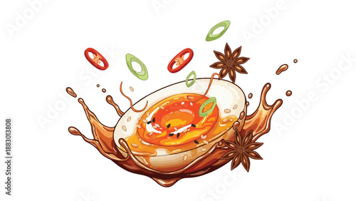Exquisite ramen egg illustration with rich savory broth splash and vibrant aromatic spices Asian culinary delight perfect for food blogs and menus