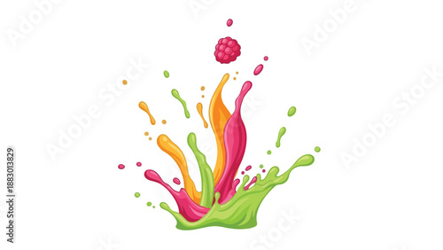 Vibrant, energetic splash of colorful fruit liquids, with a single luscious raspberry creating an exciting ripple effect, symbolizing freshness and