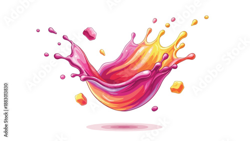 A captivating fusion of vivid pink and radiant yellow liquids in an energetic, dynamic splash, enhanced by floating fruit pieces, perfectly