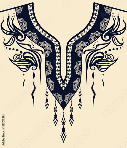Elegant ornamental collar neckline vector in navy and cream. Ideal for fashion design, embroidery, garment pattern, couture neckline, luxury textile, print, and apparel manufacturing.