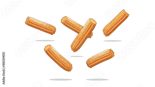 A delightful illustration of golden fried churro pastries gracefully suspended in mid-air, offering a whimsical and inviting visual representation
