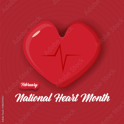 National Heart Month February vector illustration, creative red 3D hearts on a wavy pattern background, banner for cardiovascular health awareness and medical promotions.
