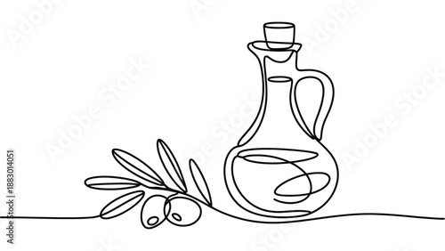 minimal line art olive oil bottle with olives illustration, simple outline healthy cooking ingredient concept, modern hand drawn food design