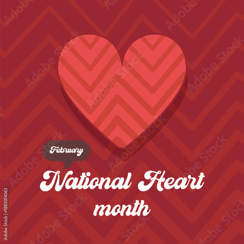 National Heart Month February vector illustration, creative red 3D hearts on a wavy pattern background, banner for cardiovascular health awareness and medical promotions.