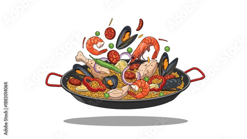 A delightful and vibrant culinary explosion of classic Spanish flavors artfully depicted in a dynamic illustration showcasing fresh seafood chicken