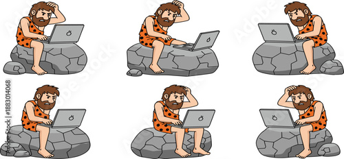 Funny cartoon caveman sitting on a stone rock using a modern laptop computer with a confused expression, vector illustration set isolated on white background