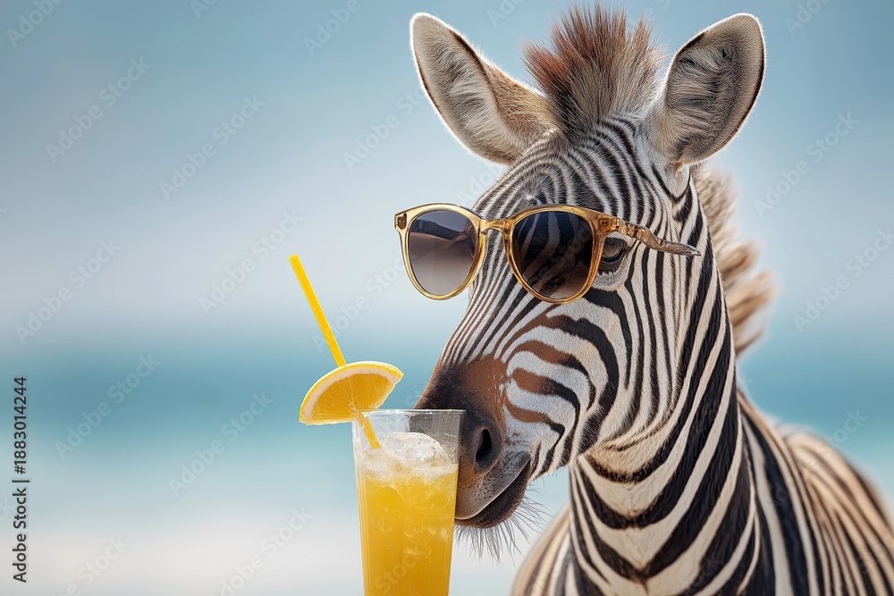 Fototapeta premium Zebra wearing sunglasses enjoying a tropical cocktail at the beach symbolizing fun vacation lifestyle freedom and summer humor, Generative AI
