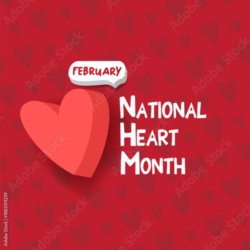 National Heart Month February vector illustration, creative red 3D hearts on a wavy pattern background, banner for cardiovascular health awareness and medical promotions.
