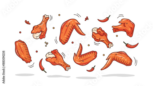 Engaging illustration of golden-brown fried chicken wings and drumettes, seasoned with fiery red chili peppers and aromatic spices, a delightful