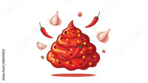 Spicy red chili paste illustration with fresh garlic and vibrant peppers for a bold, zesty flavor.