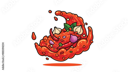 Dynamic illustration of vibrant red chili sauce with fresh garlic aromatic onions and zesty green herbs in a flavorful energetic splash capturing