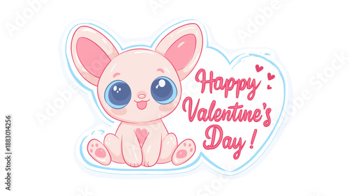 Cute cartoon animal holding a pink sign for Valentine's Day celebration. Cute big-eyed animal delivering Happy Valentine's Day message