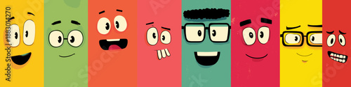 Cheerful cartoon faces on a colorful background expressing various emotions and concepts. Cartoon faces showing emotions and different personalities