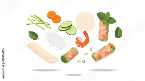 Fresh spring roll ingredients and finished rolls illustrating healthy Asian cuisine preparation. A delicious, light, and nutritious culinary