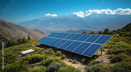 Solar Panel Array on a Mountain Slope with Distant Peaks solar panels solar energy