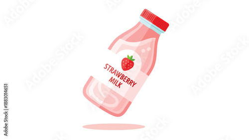 Charming vector illustration of a sweet strawberry milk bottle with red cap and delicious fruit label