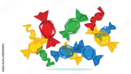 A vibrant collection of individually wrapped confectionery treats in an array of bright colors, scattered delightfully