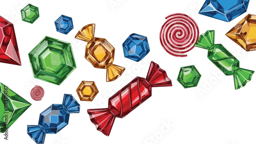 Colorful Candy Confetti: A vibrant assortment of sweet treats and sparkling gem-like confections scattered across a clean white background for