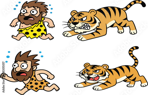 Scared cartoon caveman character running fast away from angry wild tiger chasing him vector illustration set isolated on white background for prehistoric concept