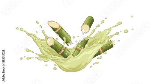 Dynamic illustration of fresh sugarcane stalks breaking into a vibrant splash of natural juice creating an energizing organic beverage scene.