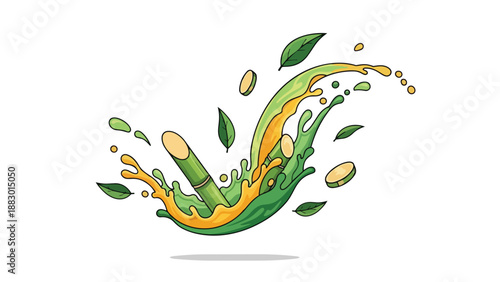 Vibrant illustration of fresh sugarcane segments and verdant leaves bursting from a dynamic splash of sweet golden and refreshing green liquids.