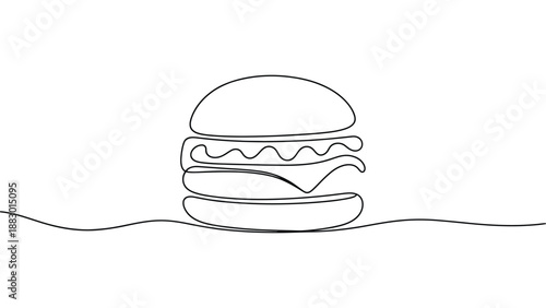 minimal line art burger illustration, simple outline hamburger with bun and filling, clean hand drawn fast food concept design isolated on white
