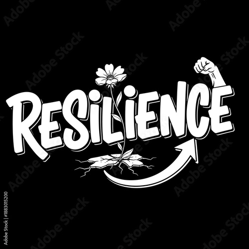 Resilience word art with flower and strong arm symbol.