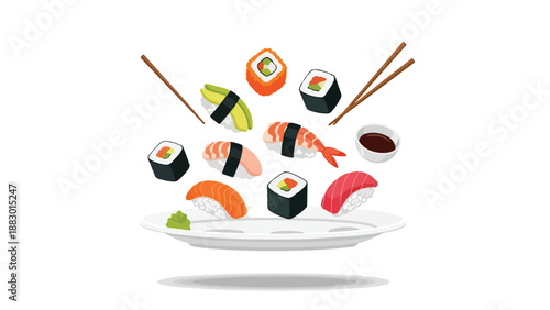 Dynamic collection of fresh Japanese sushi, maki, nigiri, and sashimi falling onto a white serving plate