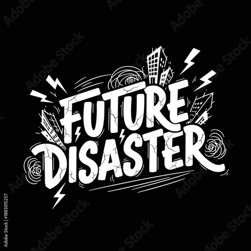 Future Disaster text with urban elements and lightning bolts.