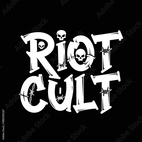 Riot Cult text logo with skulls and barbed wire design.