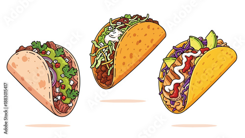A dynamic illustration of three distinct Mexican tacos each showcasing unique fillings colorful fresh ingredients and flavorful sauces representing