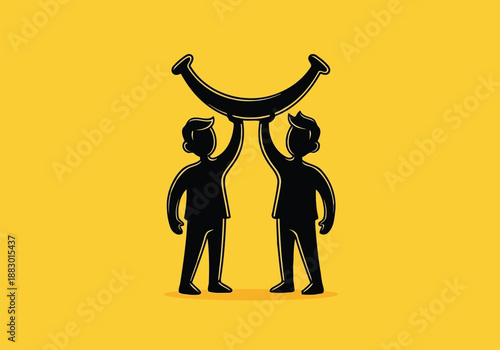 Two silhouette men holding giant banana smile teamwork concept vector