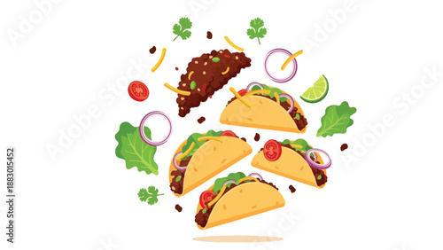 Vibrant illustration of Mexican tacos. Featuring seasoned meat, crisp lettuce, tomatoes, red onions, cilantro, lime wedges. Dynamically arranged on