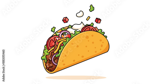 Vibrant and dynamic illustration of a delicious, loaded hard-shell taco with fresh ingredients exploding with flavor