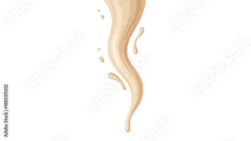 Elegant creamy liquid swirl with dynamic beige droplets against a pristine white backdrop illustrating fluid motion and soft movement for diverse