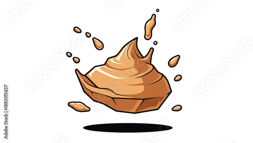 Stylized illustration of a creamy caramel-like topping, possibly peanut butter or a sweet dessert, dynamically resting on a textured base with